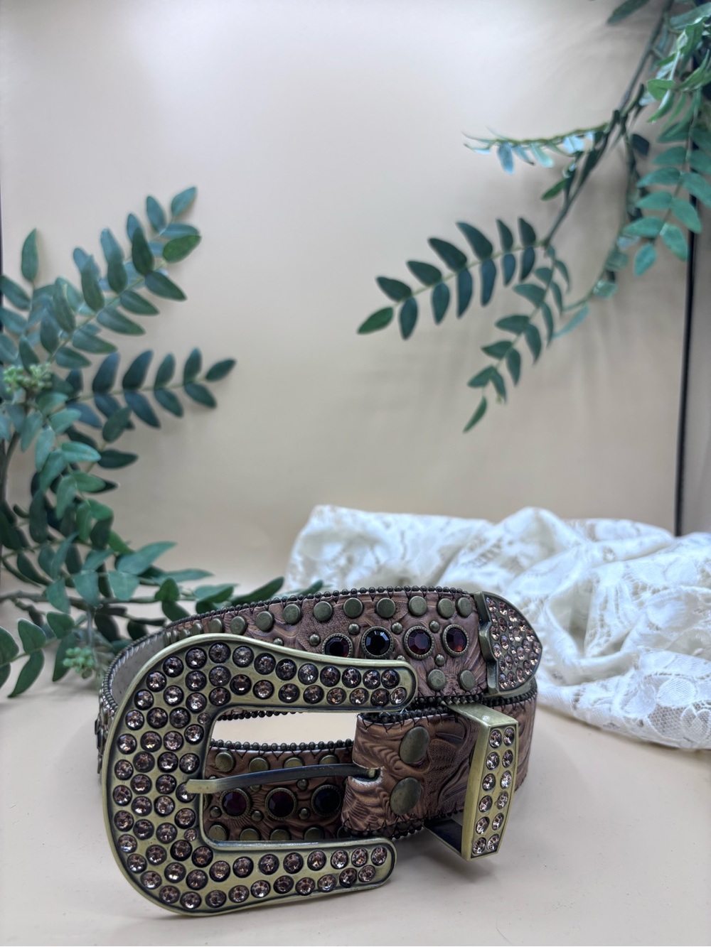 Rhinestone Studded Western-Style Belt - Brown